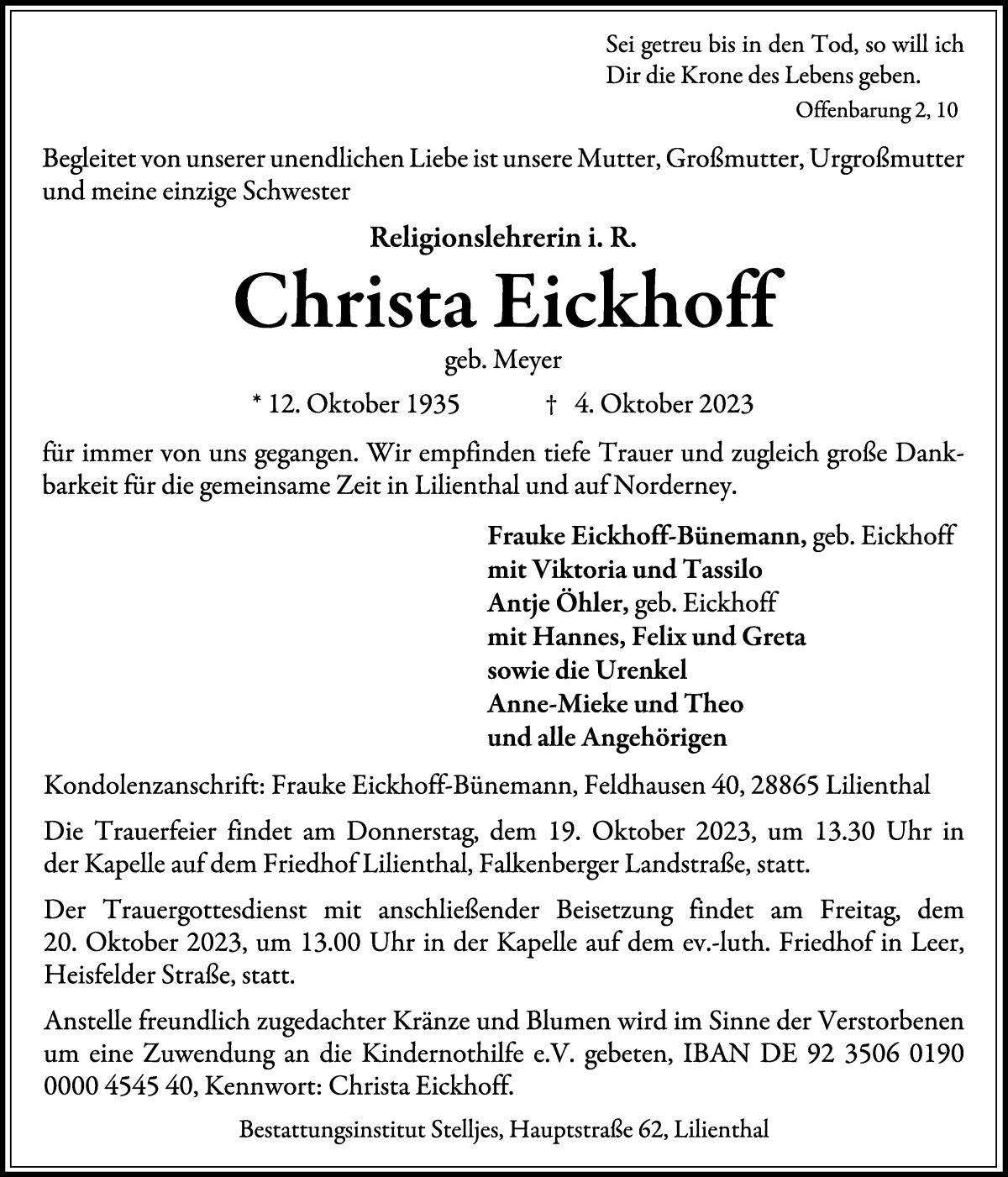 Traueranzeige von Christa Eickhoff von Wuemme Zeitung