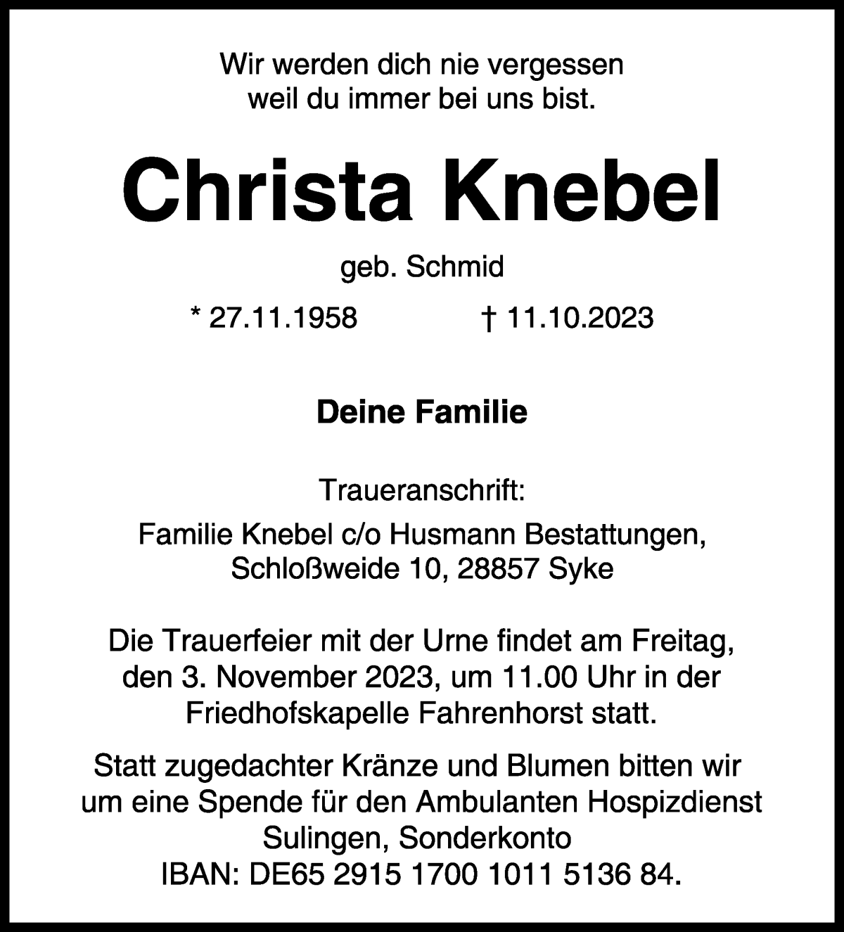 Traueranzeige von Christa Knebel von Regionale Rundschau/Syker Kurier