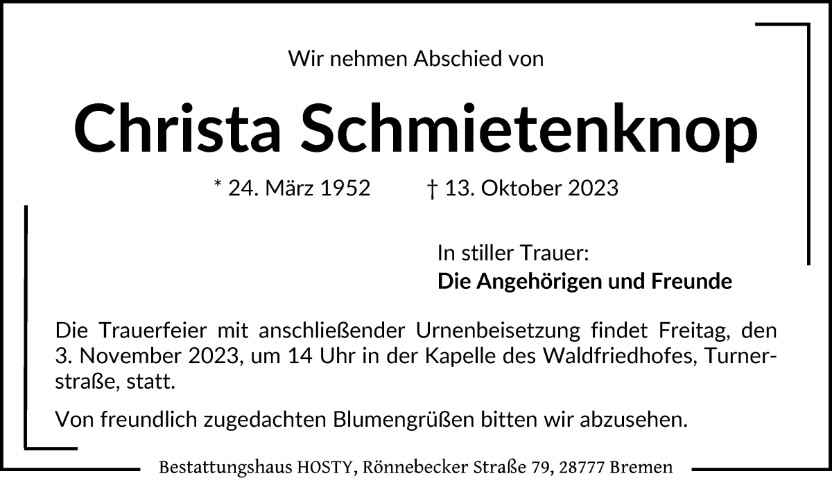Traueranzeige von Christa Schmietenknop von Die Norddeutsche