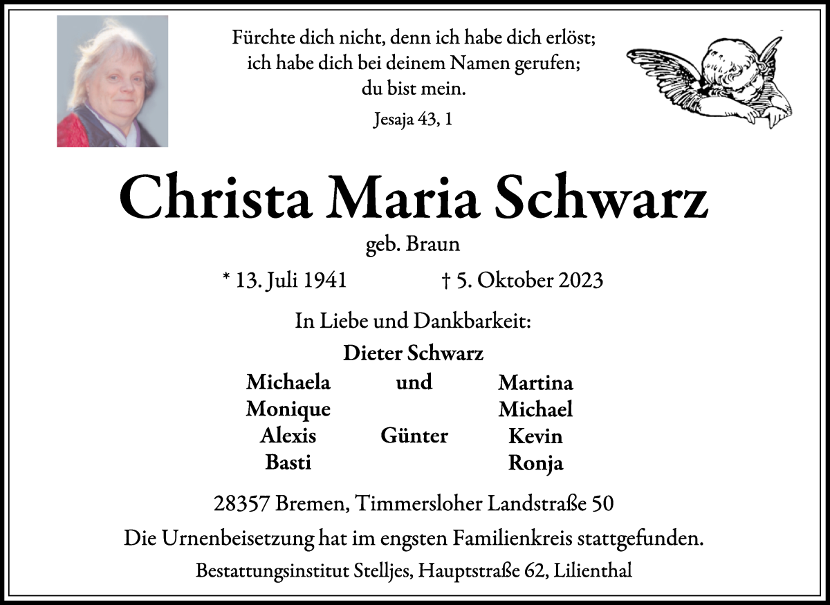 Traueranzeige von Christa Schwarz von Wuemme Zeitung