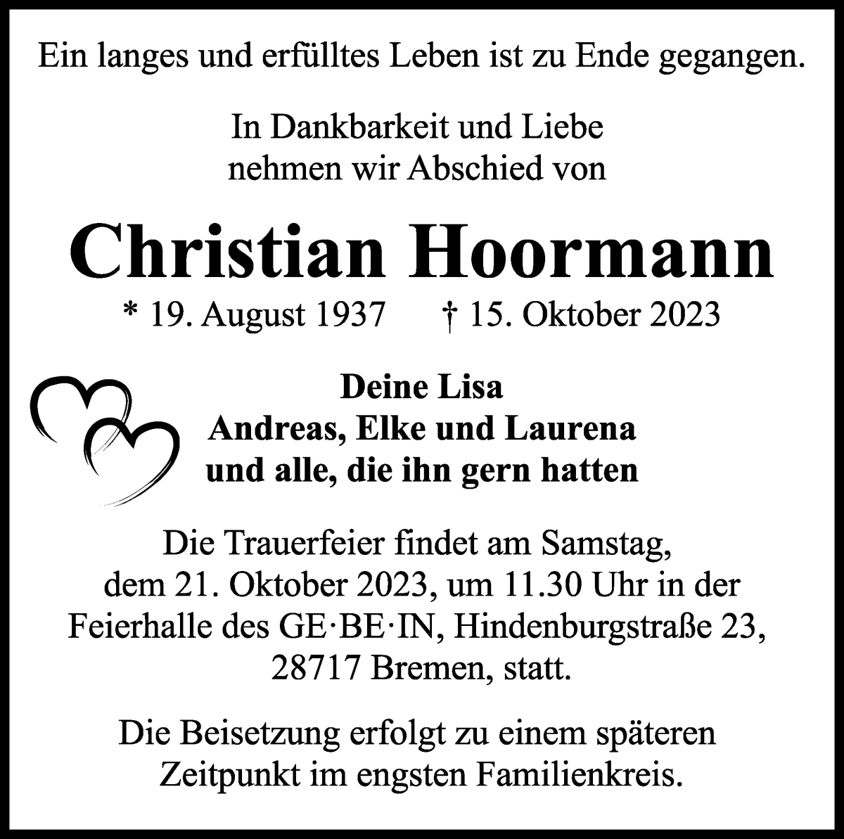 Traueranzeige von Christian Hoormann von WESER-KURIER