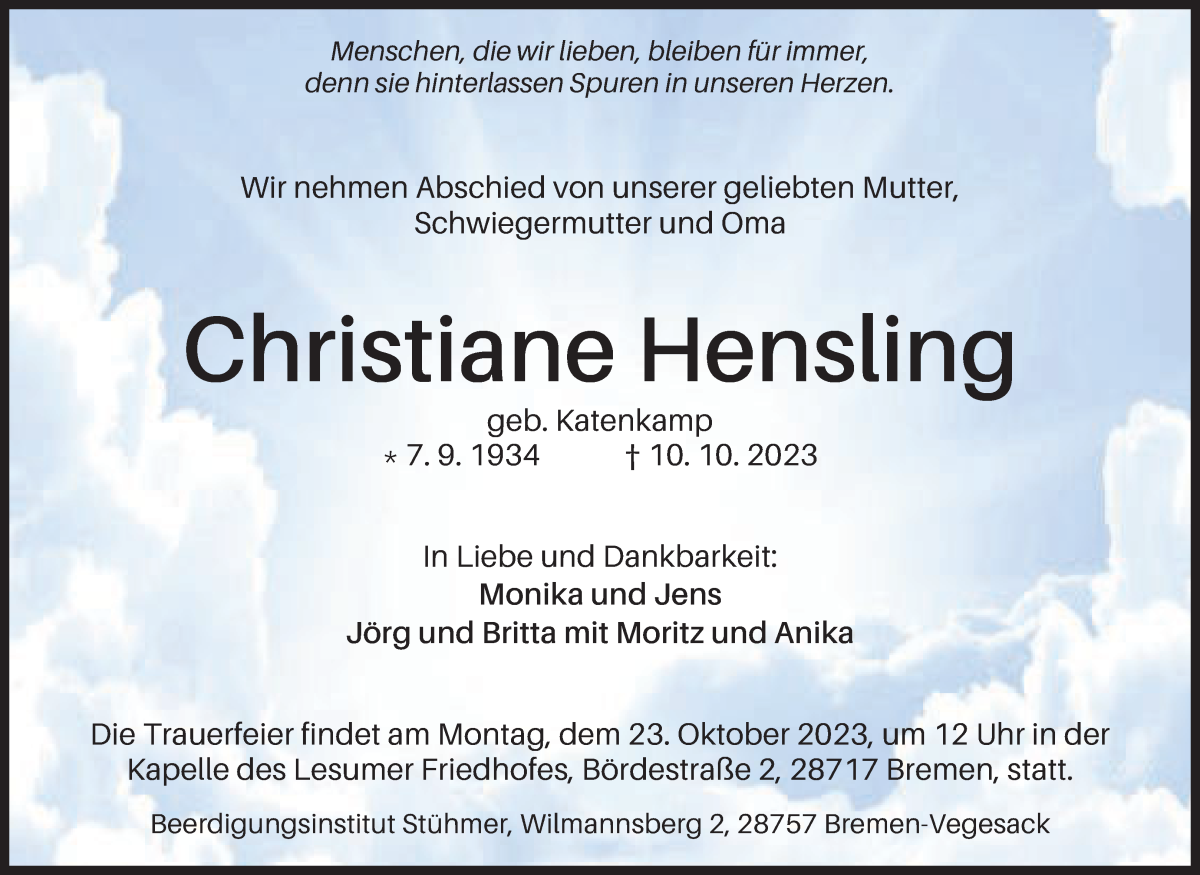 Traueranzeige von Christiane Hensling von Die Norddeutsche