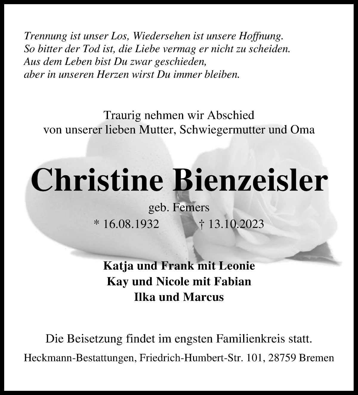 Traueranzeige von Christine Bienzeisler von Die Norddeutsche