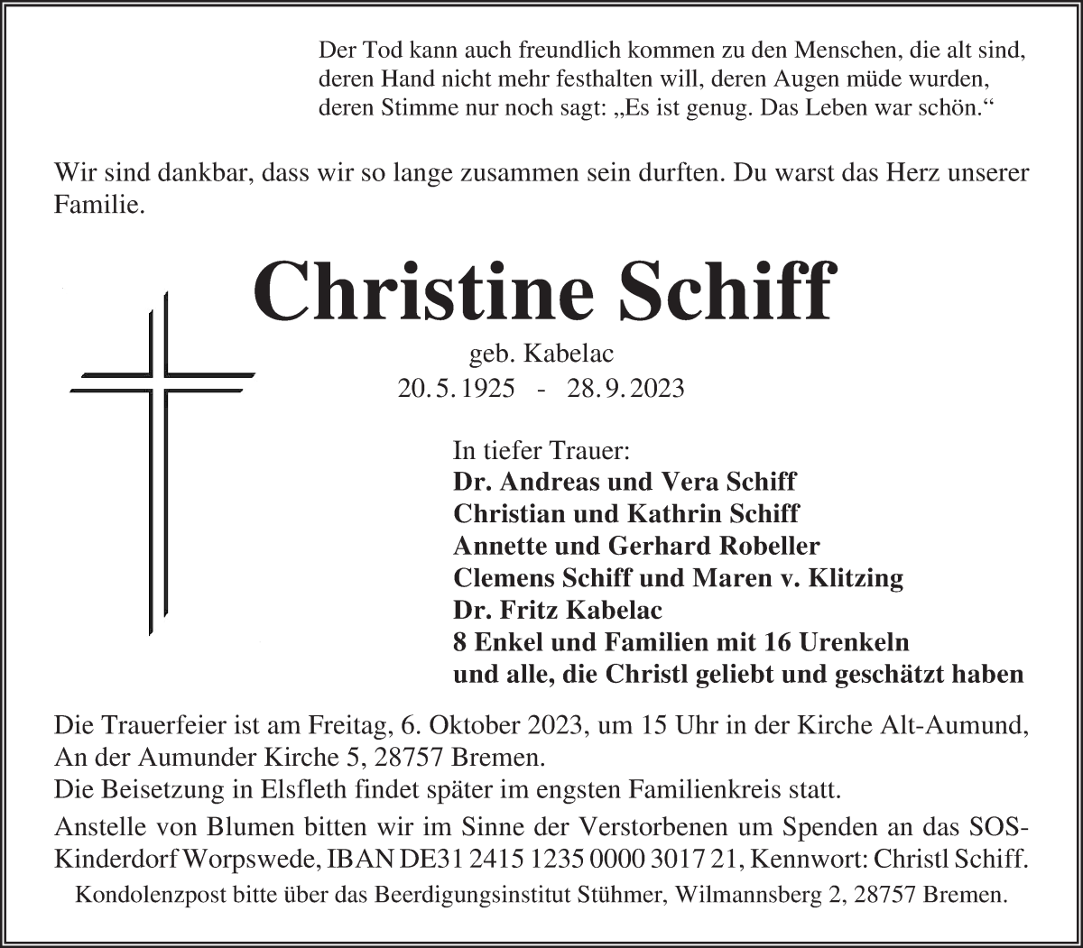 Traueranzeige von Christine Schiff von Die Norddeutsche