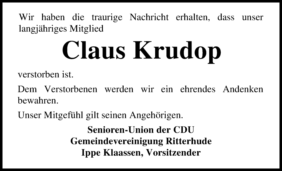 Traueranzeige von Claus Krudop von Osterholzer Kreisblatt
