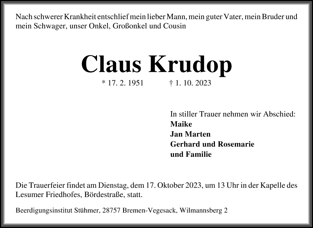 Traueranzeige von Claus Krudop von Osterholzer Kreisblatt