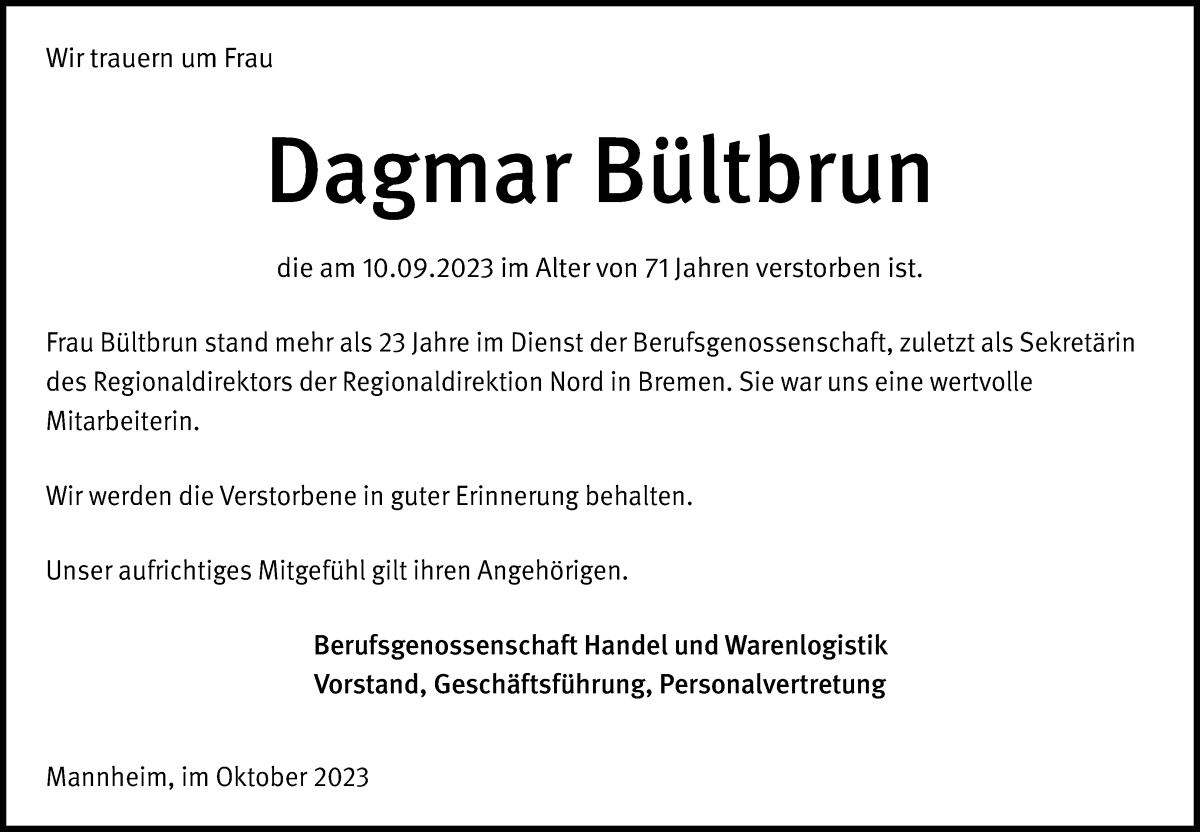 Traueranzeige von Dagmar Bültbrun von WESER-KURIER