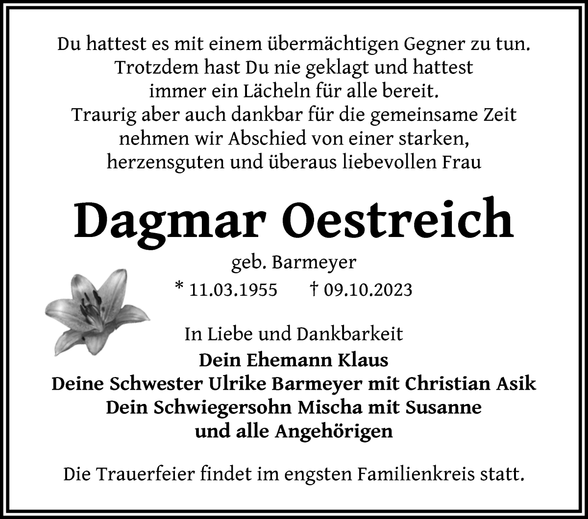 Traueranzeige von Dagmar Oestreich von WESER-KURIER