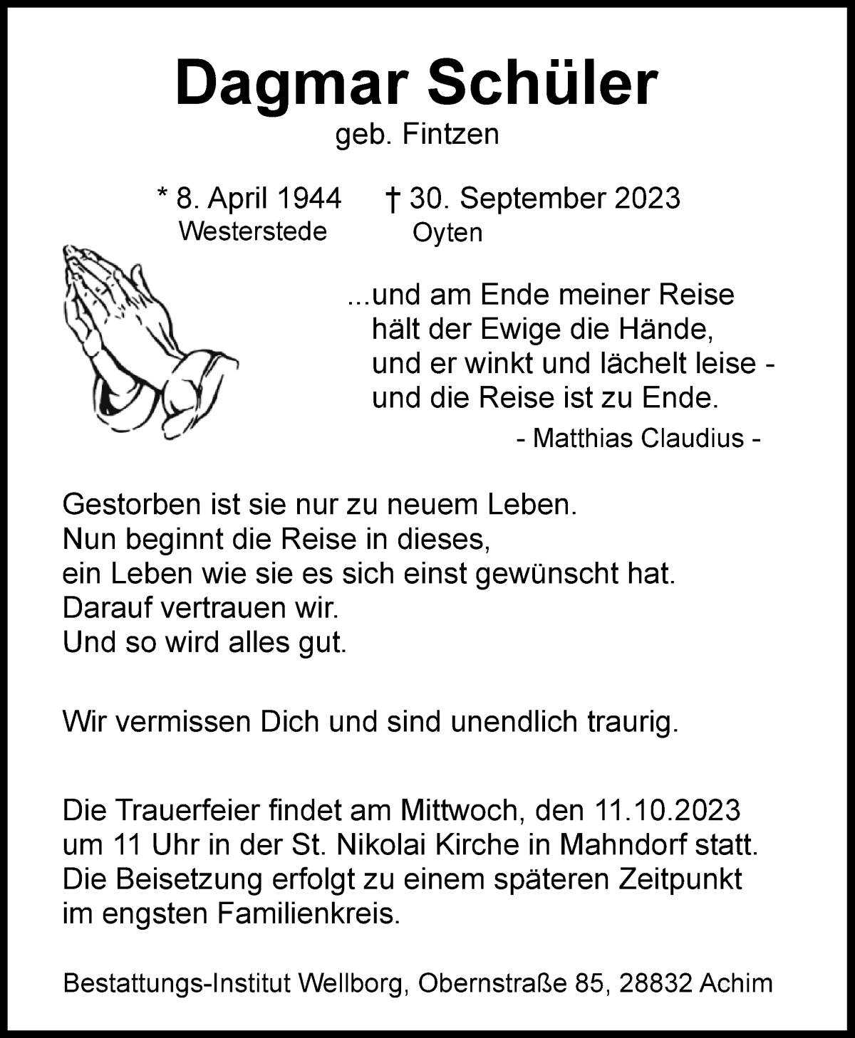 Traueranzeige von Dagmar Schüler von Achimer Kurier/Verdener Nachrichten