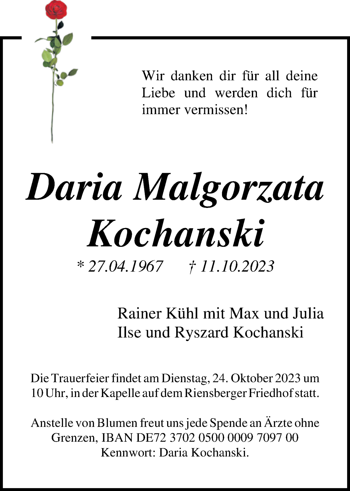 Traueranzeige von Daria Malgorzata Kochanski von WESER-KURIER