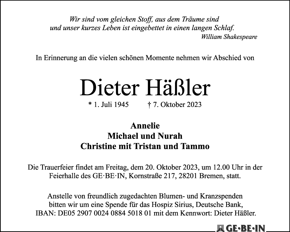 Traueranzeige von Dieter Häßler von WESER-KURIER