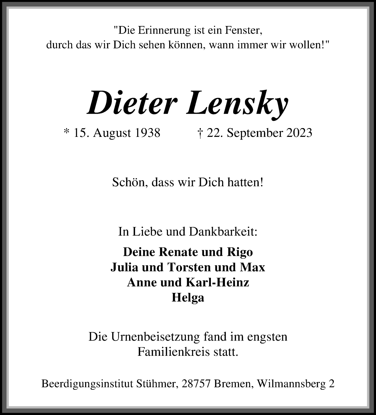 Traueranzeige von Dieter Lensky von Die Norddeutsche