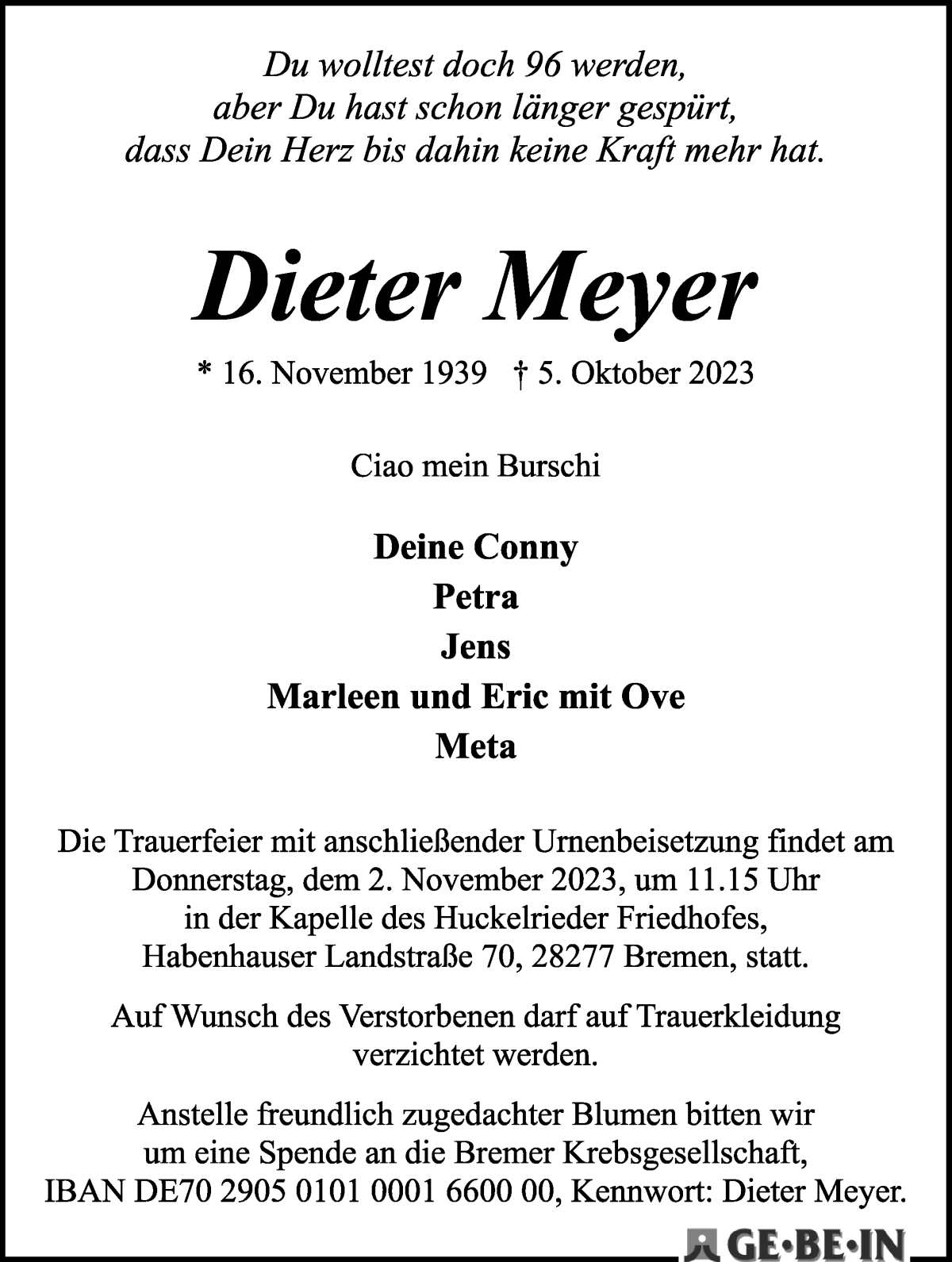 Traueranzeige von Dieter Meyer von WESER-KURIER