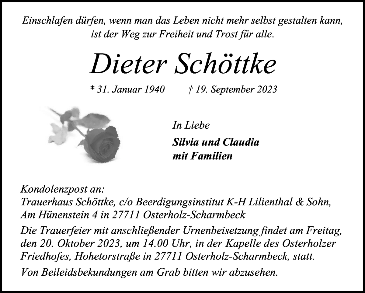 Traueranzeige von Dieter Schöttke von Osterholzer Kreisblatt
