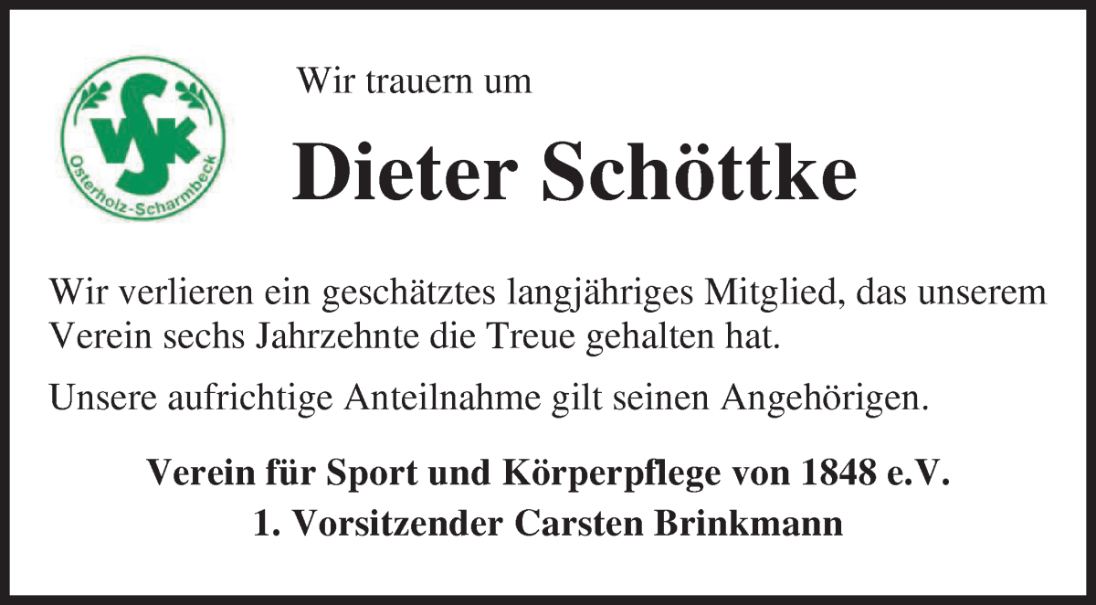 Traueranzeige von Dieter Schöttke von Osterholzer Kreisblatt