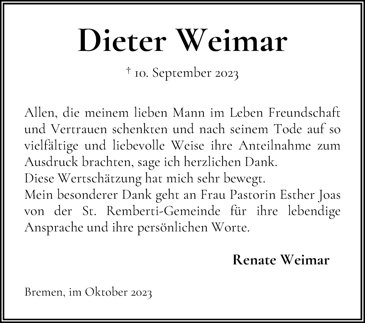 Traueranzeige von Dieter Weimar von WESER-KURIER