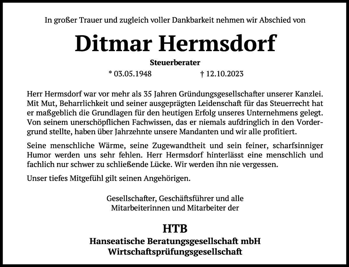 Traueranzeige von Ditmar Hermsdorf von WESER-KURIER