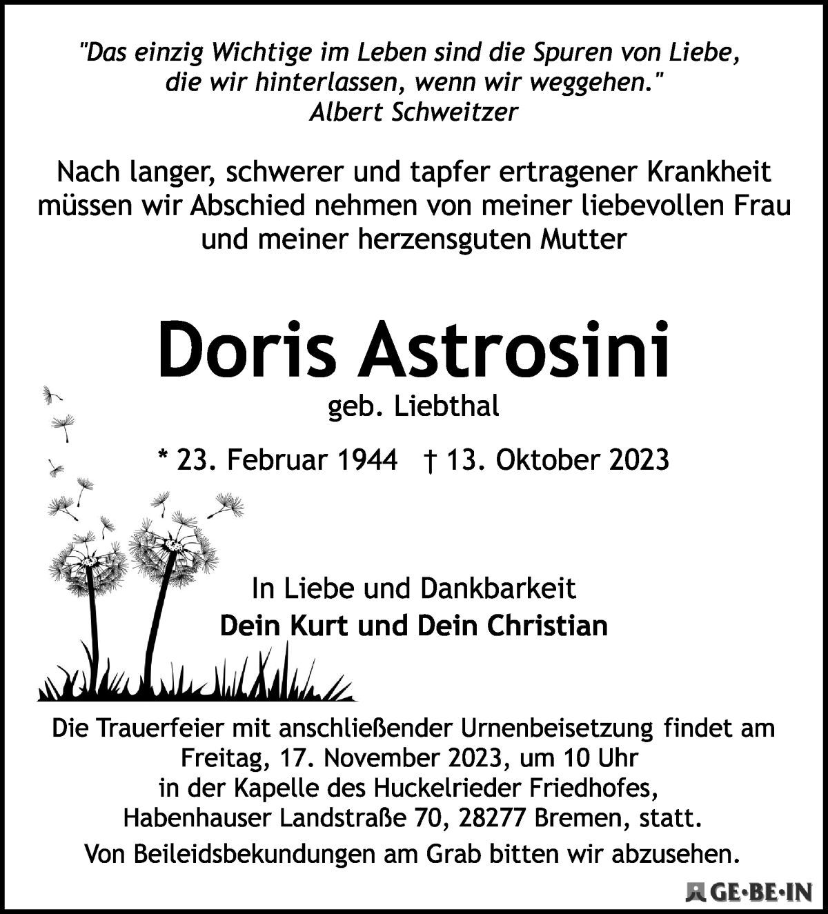 Traueranzeige von Doris Astrosini von WESER-KURIER