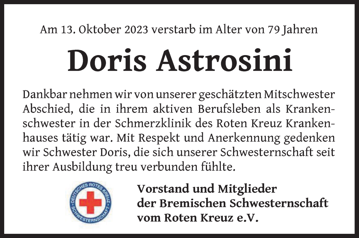 Traueranzeige von Doris Astrosini von WESER-KURIER