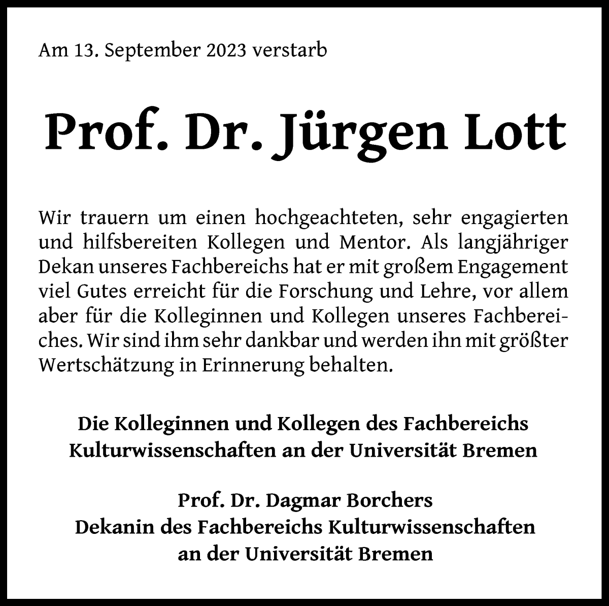 Traueranzeige von Dr. Jürgen Lott von WESER-KURIER