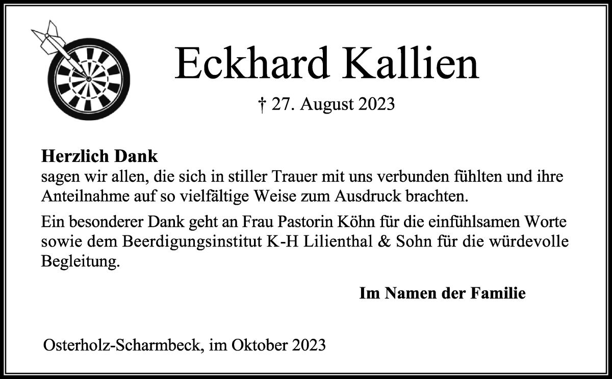 Traueranzeige von Eckhard Kallien von Osterholzer Kreisblatt