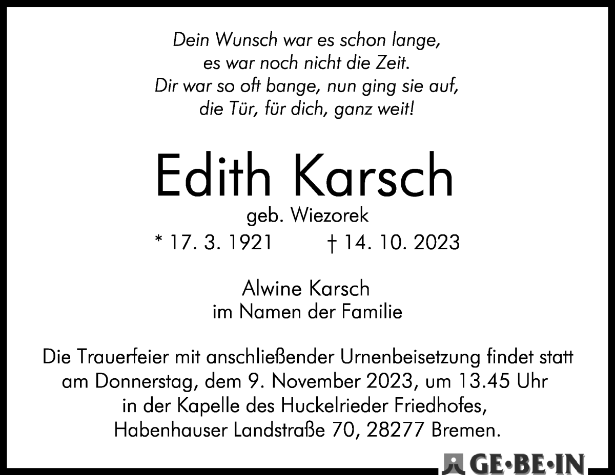 Traueranzeige von Edith Karsch von WESER-KURIER