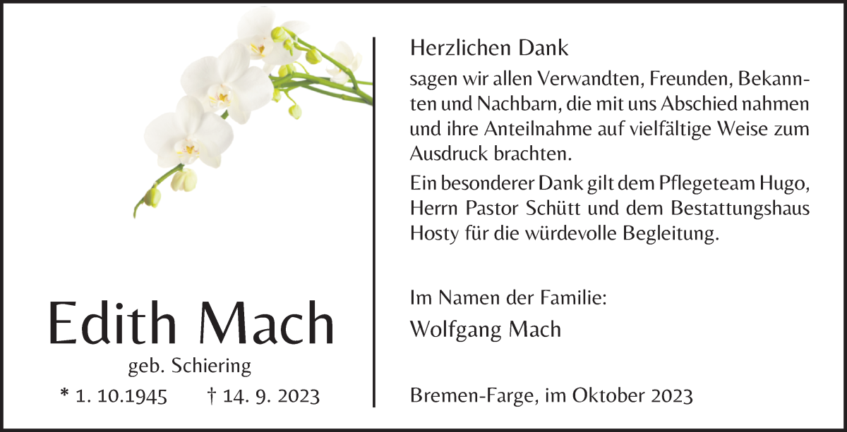 Traueranzeige von Edith Mach von Die Norddeutsche
