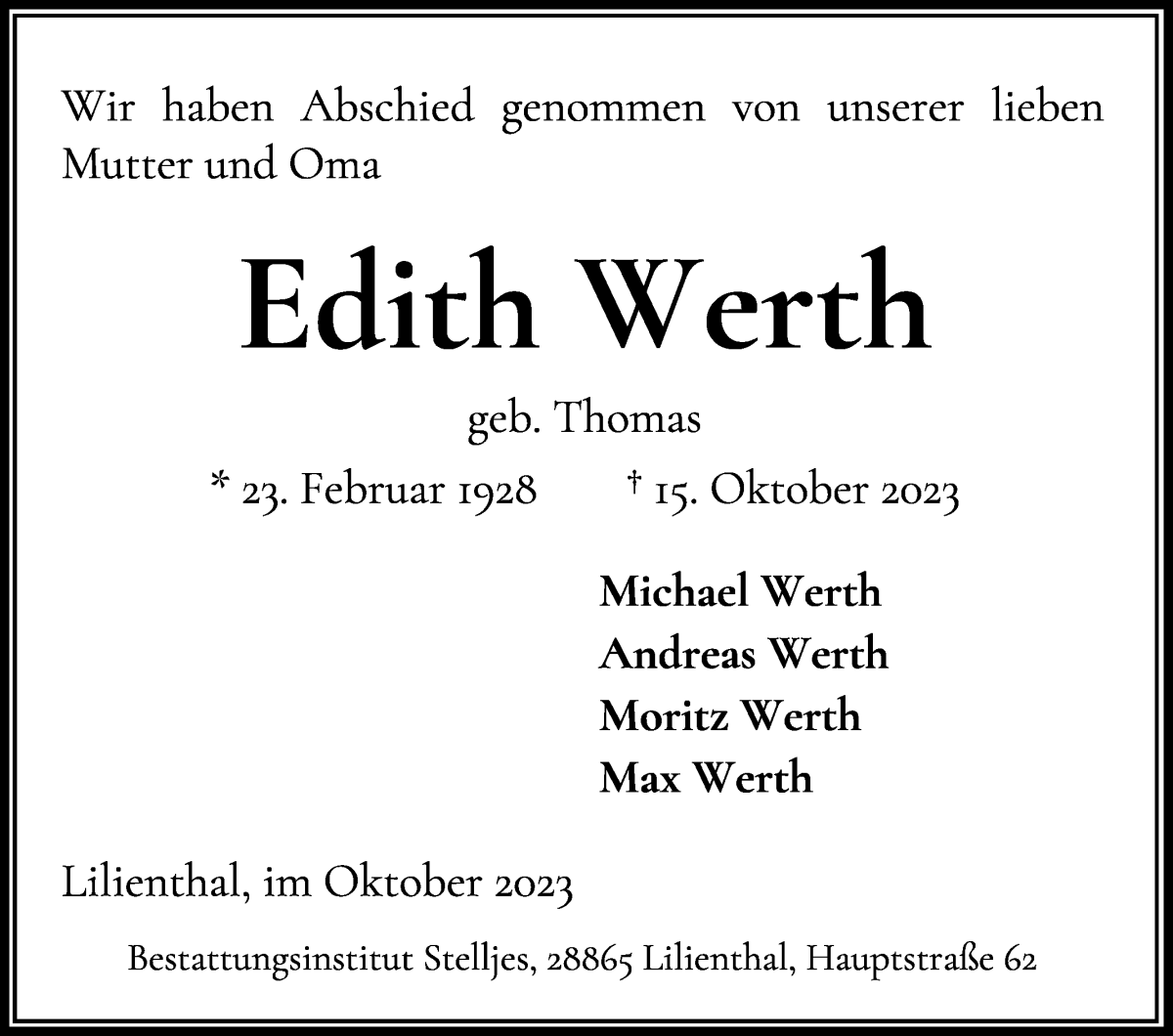 Traueranzeige von Edith Werth von Wuemme Zeitung