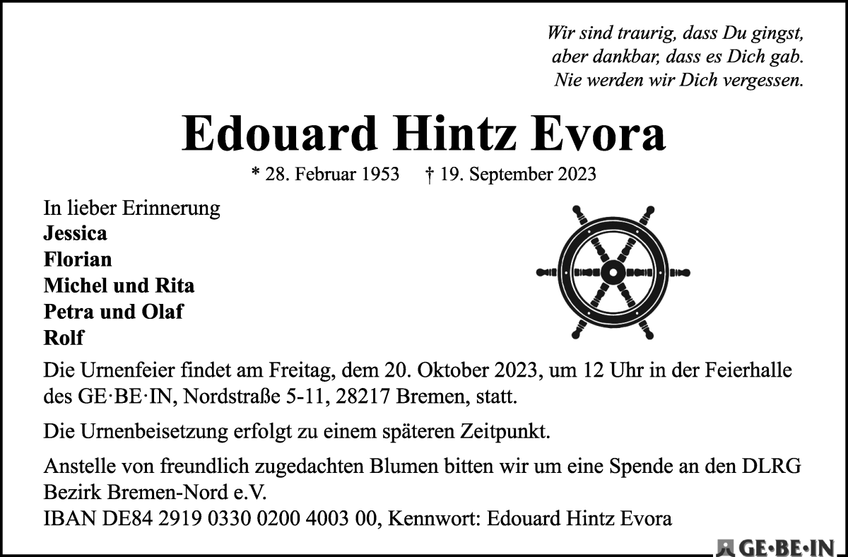 Traueranzeige von Edouard Hintz Evora von WESER-KURIER