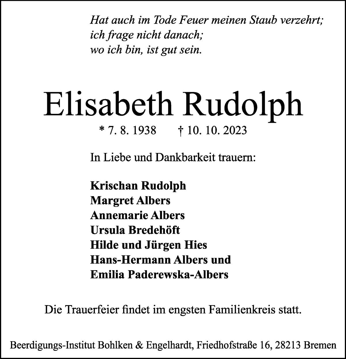 Traueranzeige von Elisabeth Rudolph von WESER-KURIER