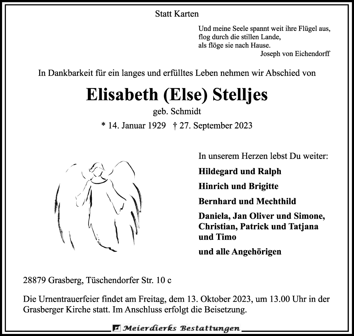 Traueranzeige von Elisabeth Stelljes von Wuemme Zeitung