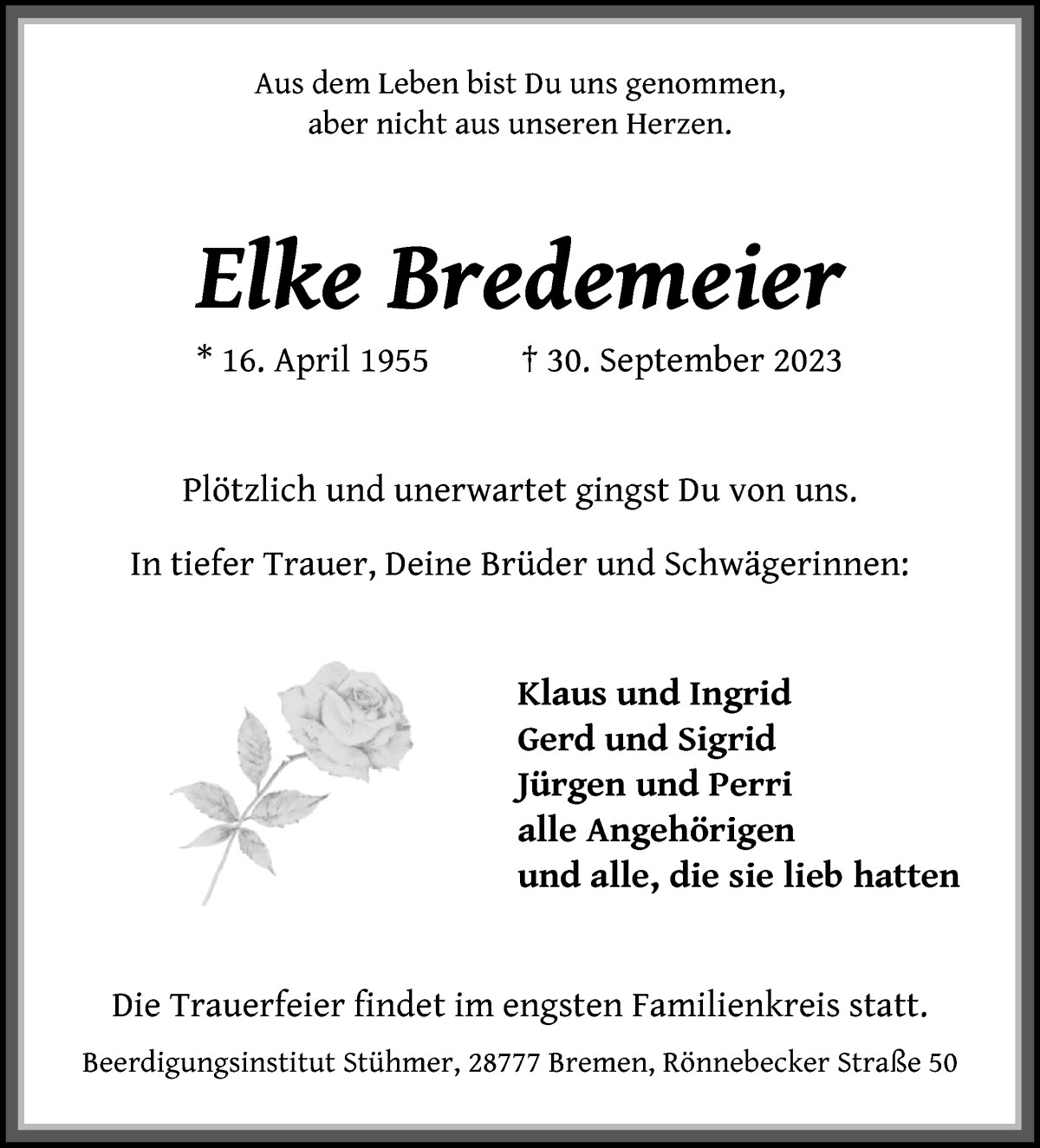 Traueranzeige von Elke Bredemeier von Die Norddeutsche