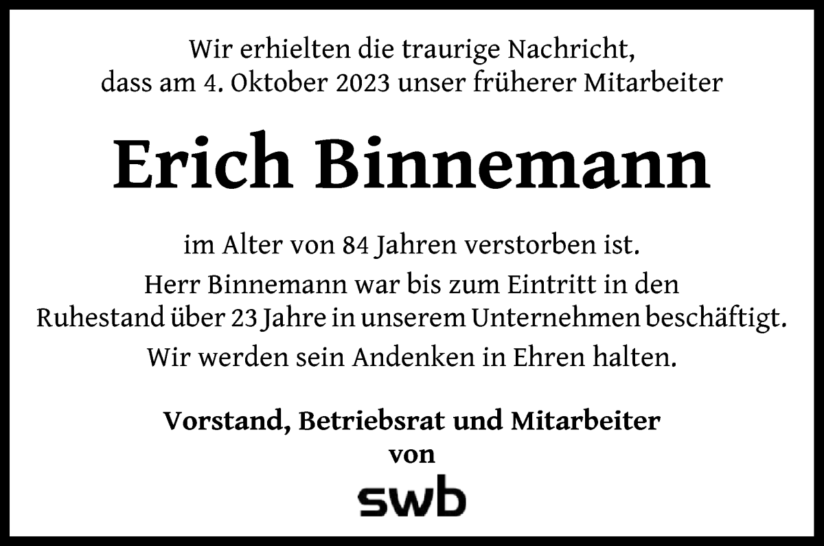 Traueranzeige von Erich Binnemann von WESER-KURIER