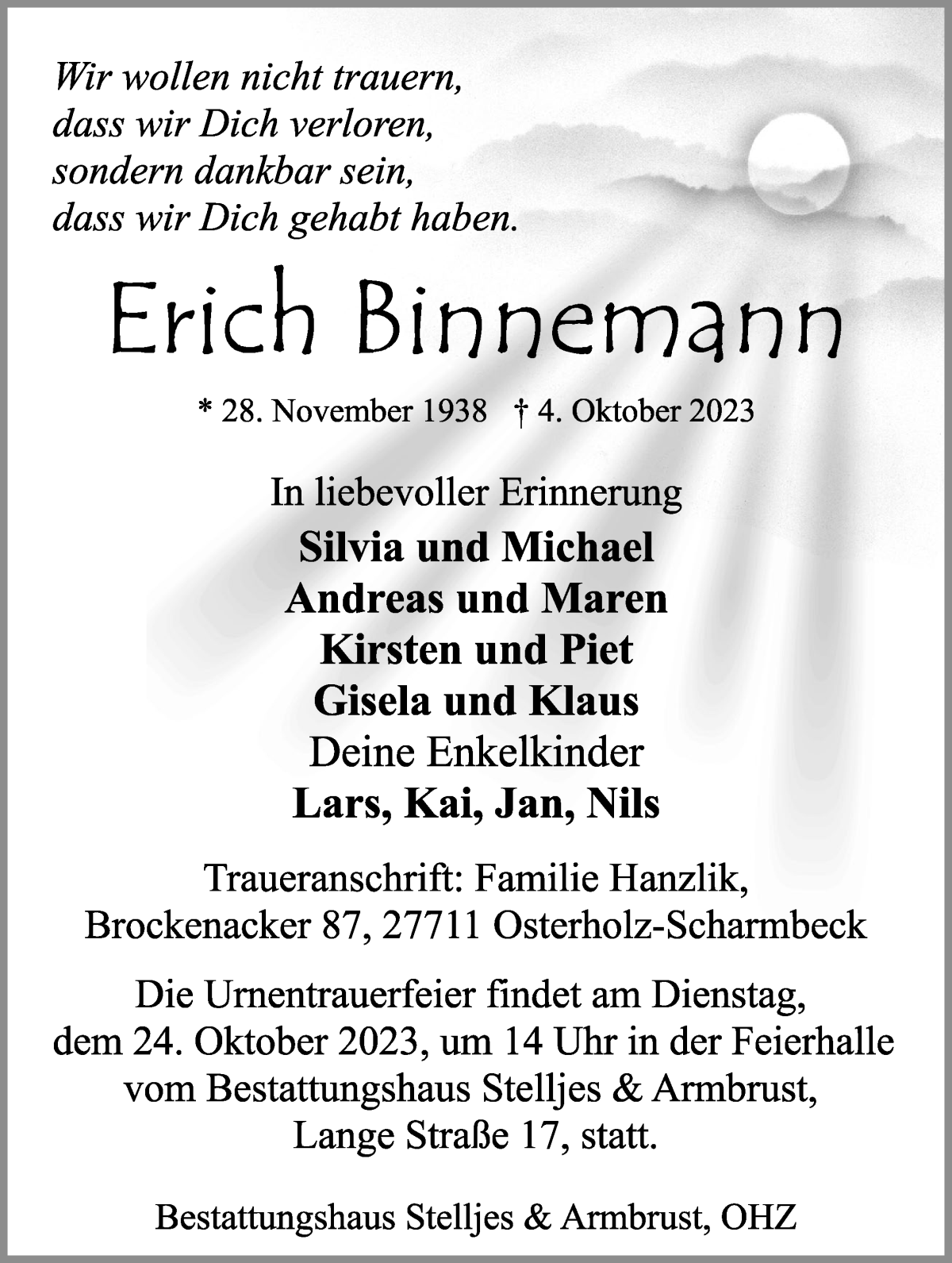 Traueranzeige von Erich Binnemann von WESER-KURIER