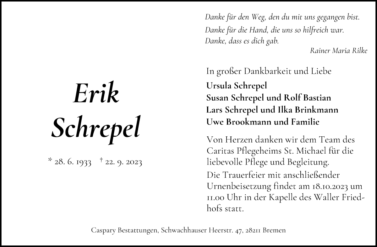 Traueranzeige von Erik Schrepel von WESER-KURIER