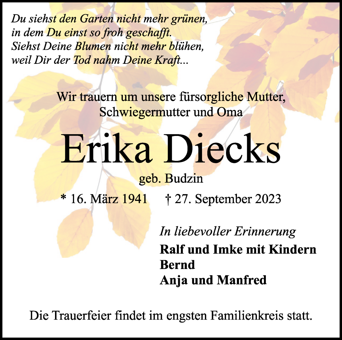 Traueranzeige von Erika Diecks von WESER-KURIER