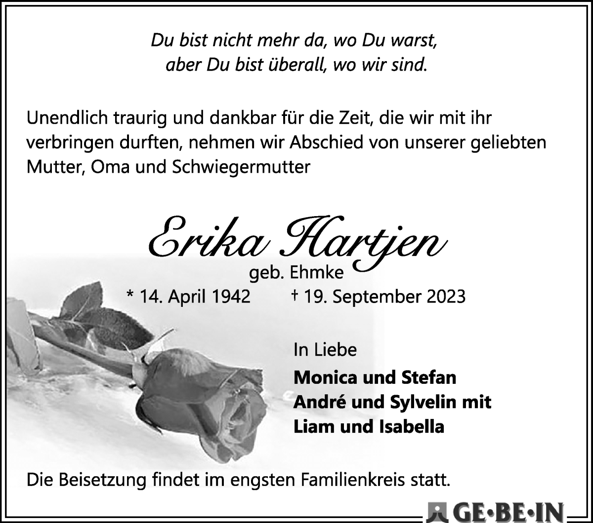 Traueranzeige von Erika Hartjen von WESER-KURIER