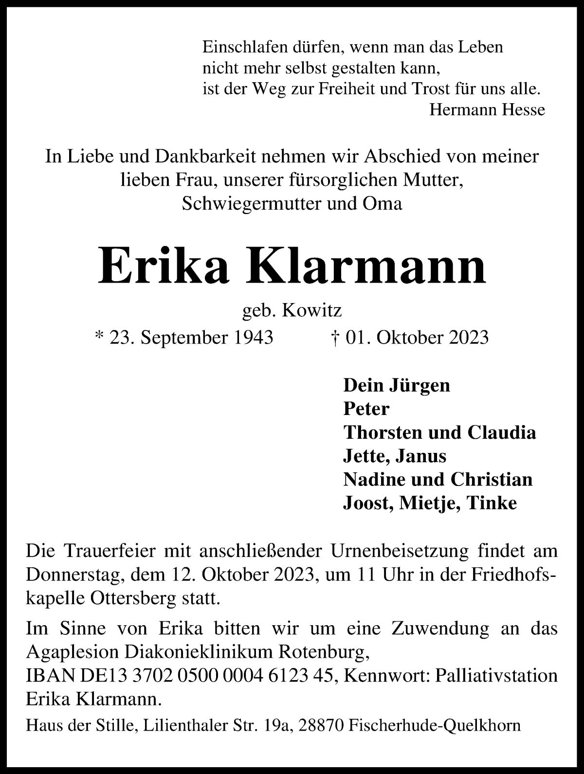 Traueranzeige von Erika Klarmann von Achimer Kurier/Verdener Nachrichten
