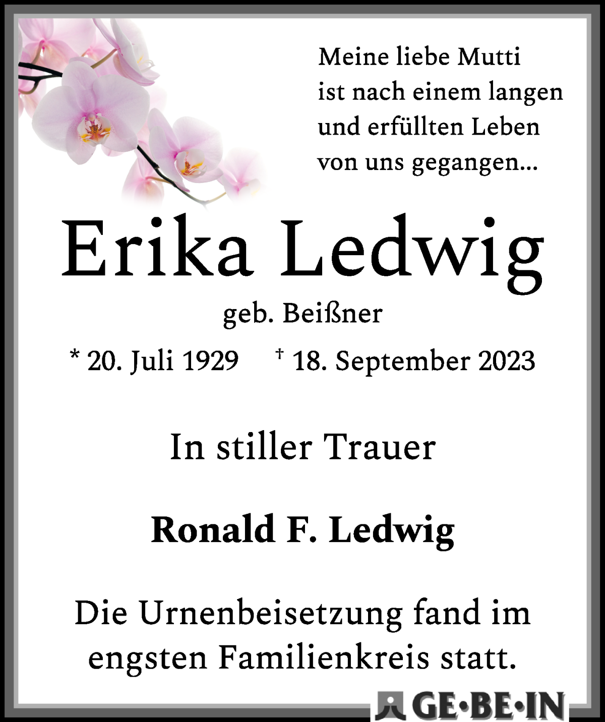 Traueranzeige von Erika Ledwig von WESER-KURIER