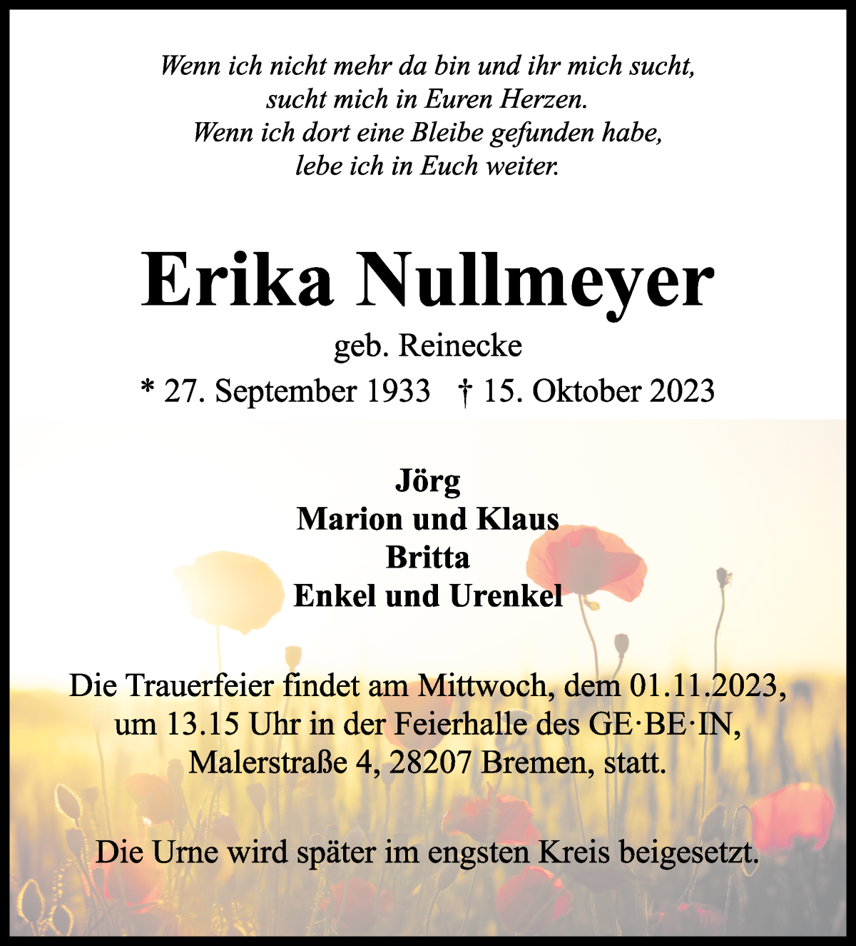 Traueranzeige von Erika Nullmeyer von WESER-KURIER