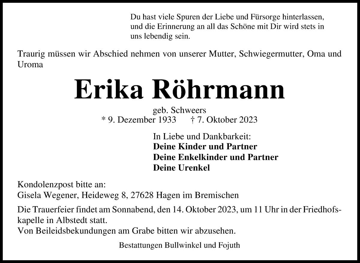 Traueranzeige von Erika Röhrmann von Osterholzer Kreisblatt