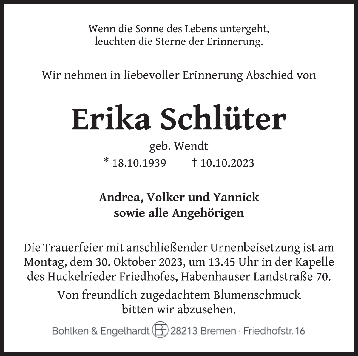 Traueranzeige von Erika Schlüter von WESER-KURIER
