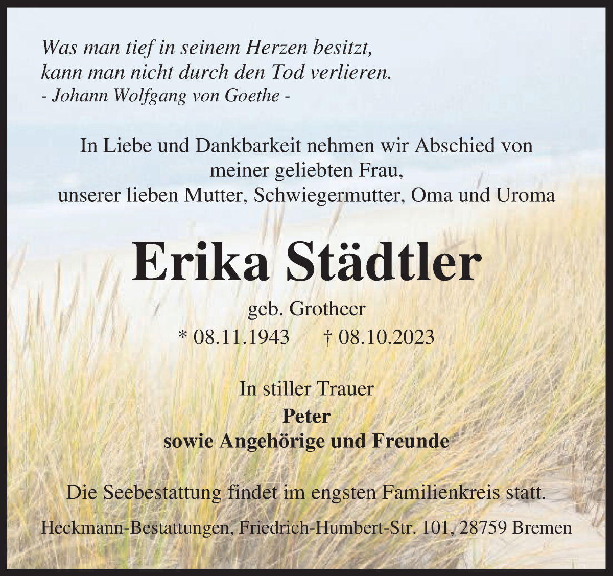 Traueranzeige von Erika Städtler von WESER-KURIER