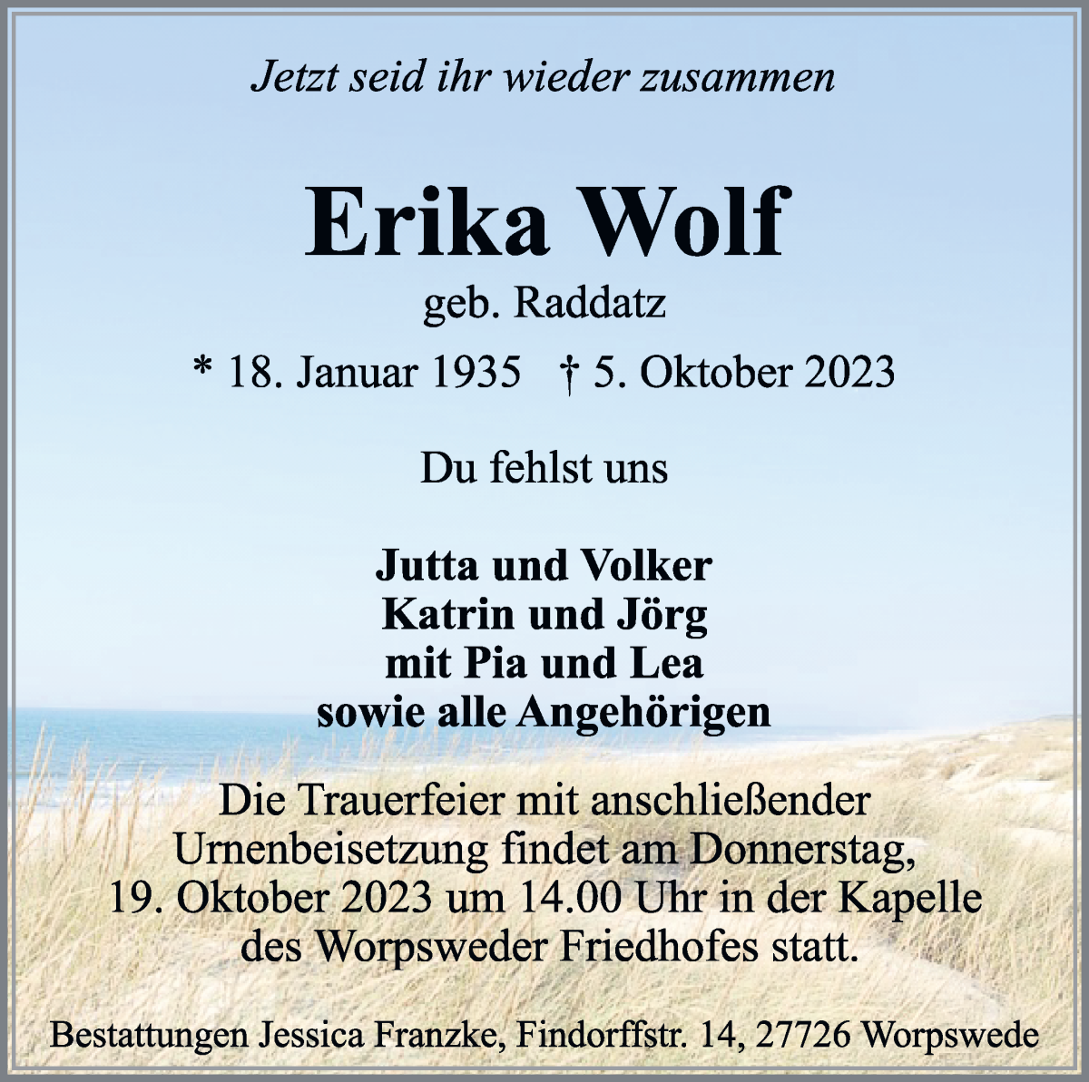 Traueranzeige von Erika Wolf von Wuemme Zeitung