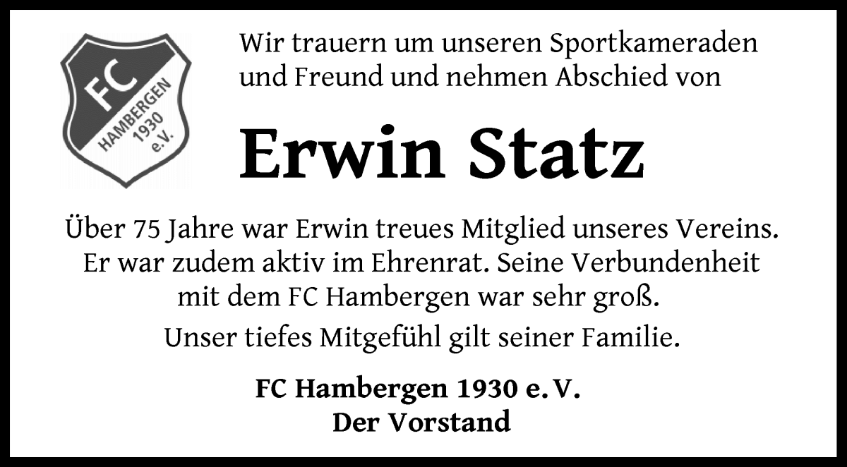 Traueranzeige von Erwin Statz von Osterholzer Kreisblatt