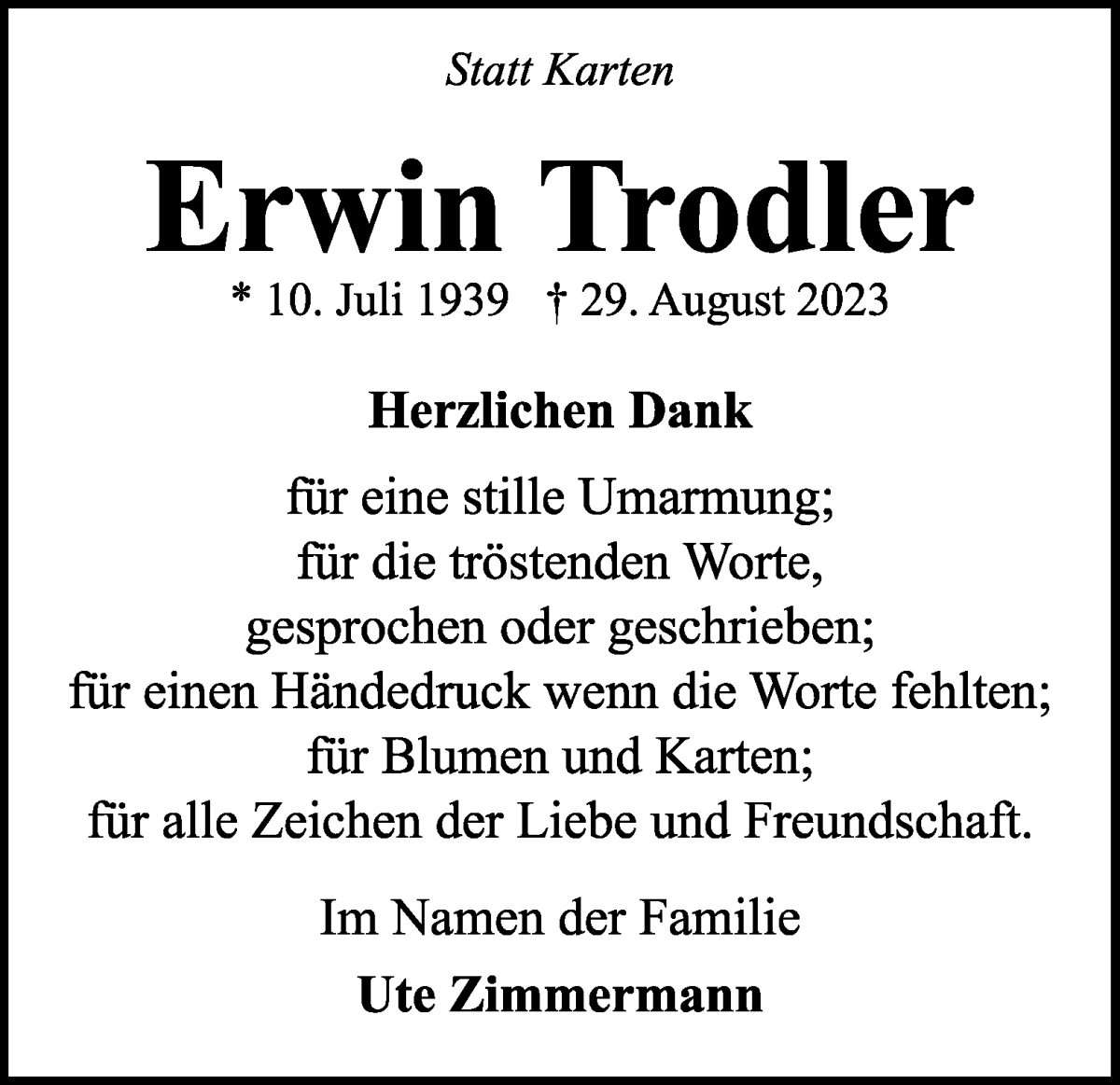 Traueranzeige von Erwin Trodler von WESER-KURIER