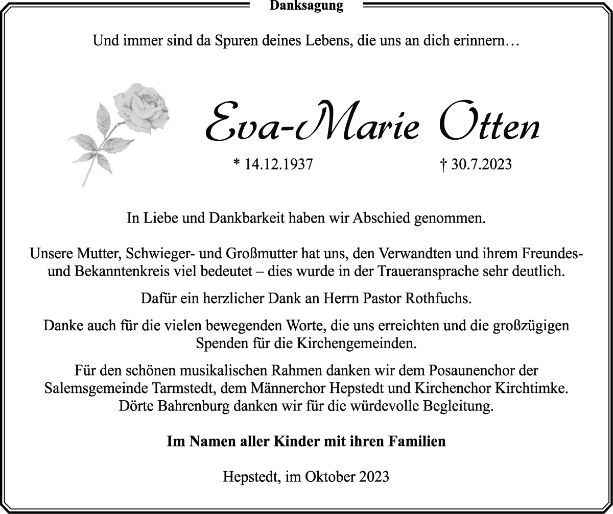 Traueranzeige von Eva-Marie Otten von Wuemme Zeitung