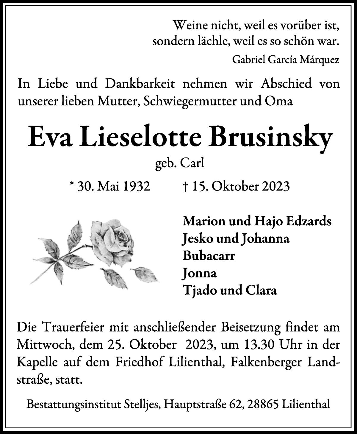 Traueranzeige von Eva Lieselotte Brusinsky von Wuemme Zeitung