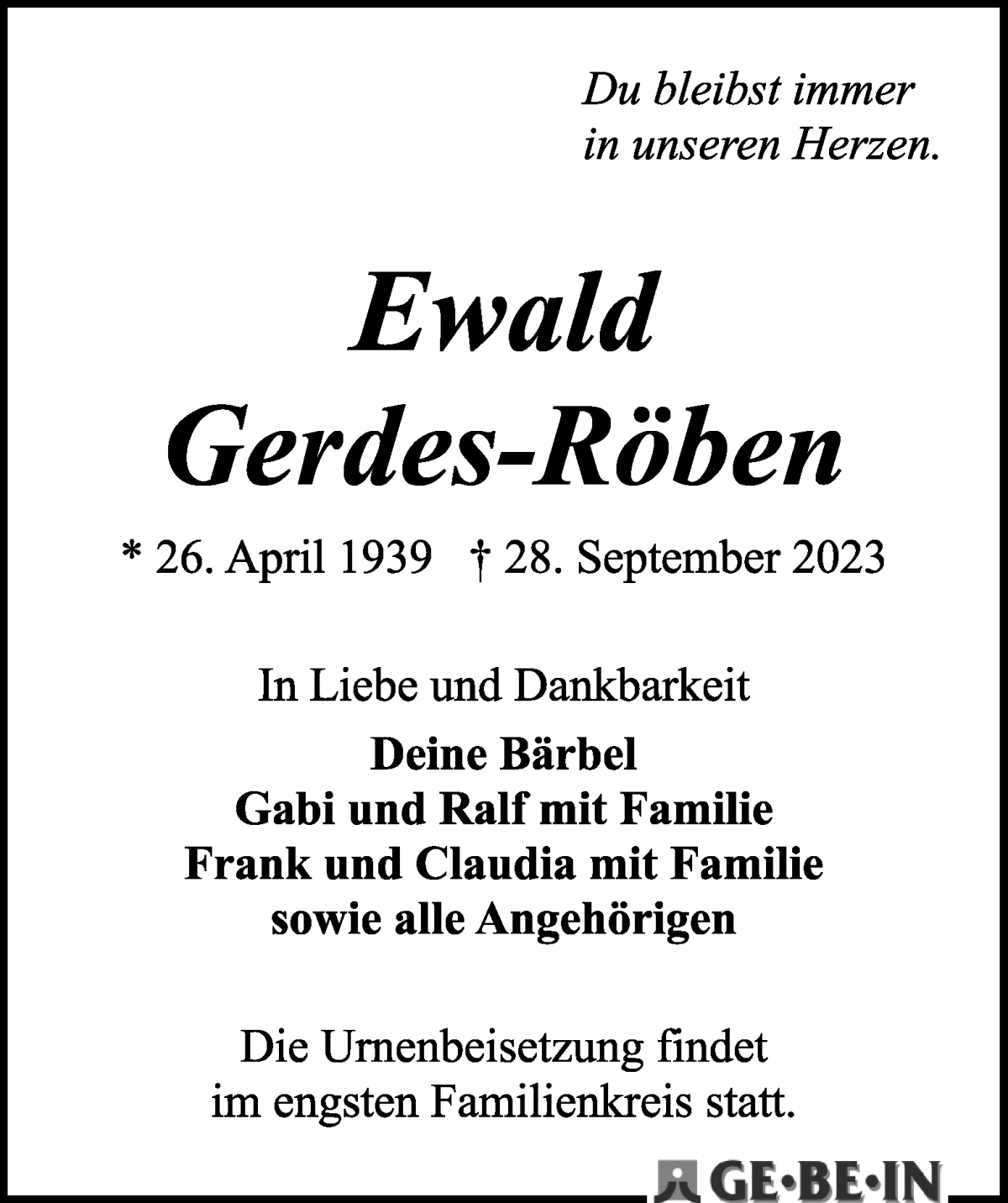 Traueranzeige von Ewald Gerdes-Röben von WESER-KURIER