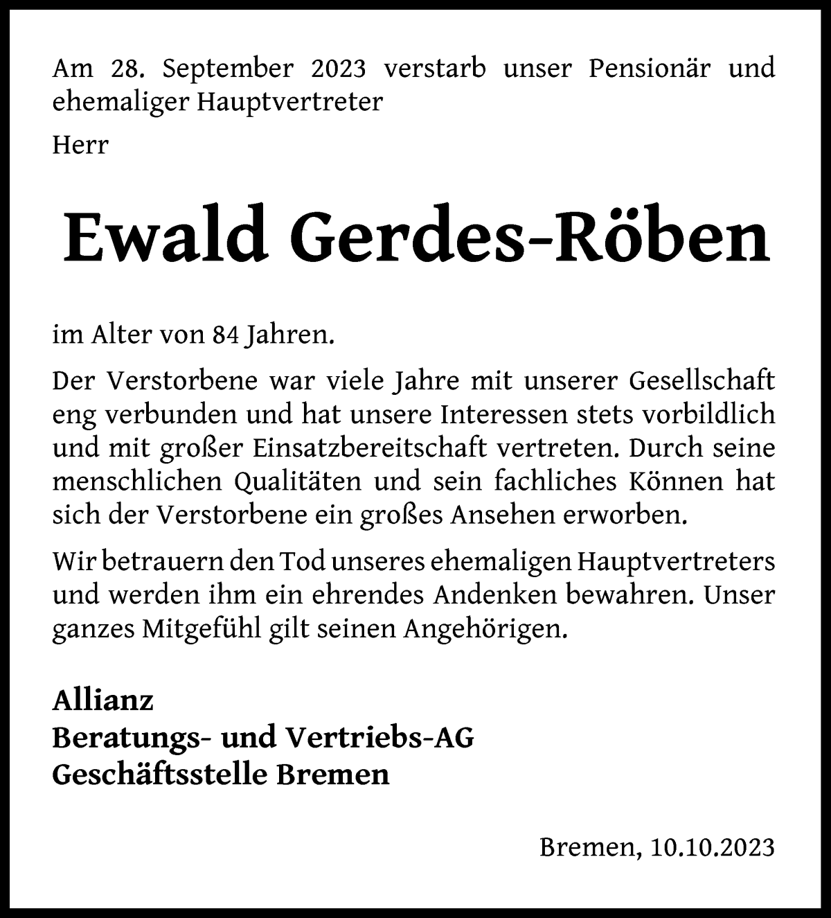 Traueranzeige von Ewald Gerdes-Röben von WESER-KURIER